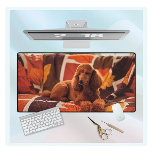 A quilting inspired Desk pad design depicting a brown poodle resting on an autumn-themed quilt. The quilt features warm colors like orange, red, and brown, with intricate leaf patterns, creating a cozy and inspiring fall atmosphere for your workspace. Perfect gift for quilters.