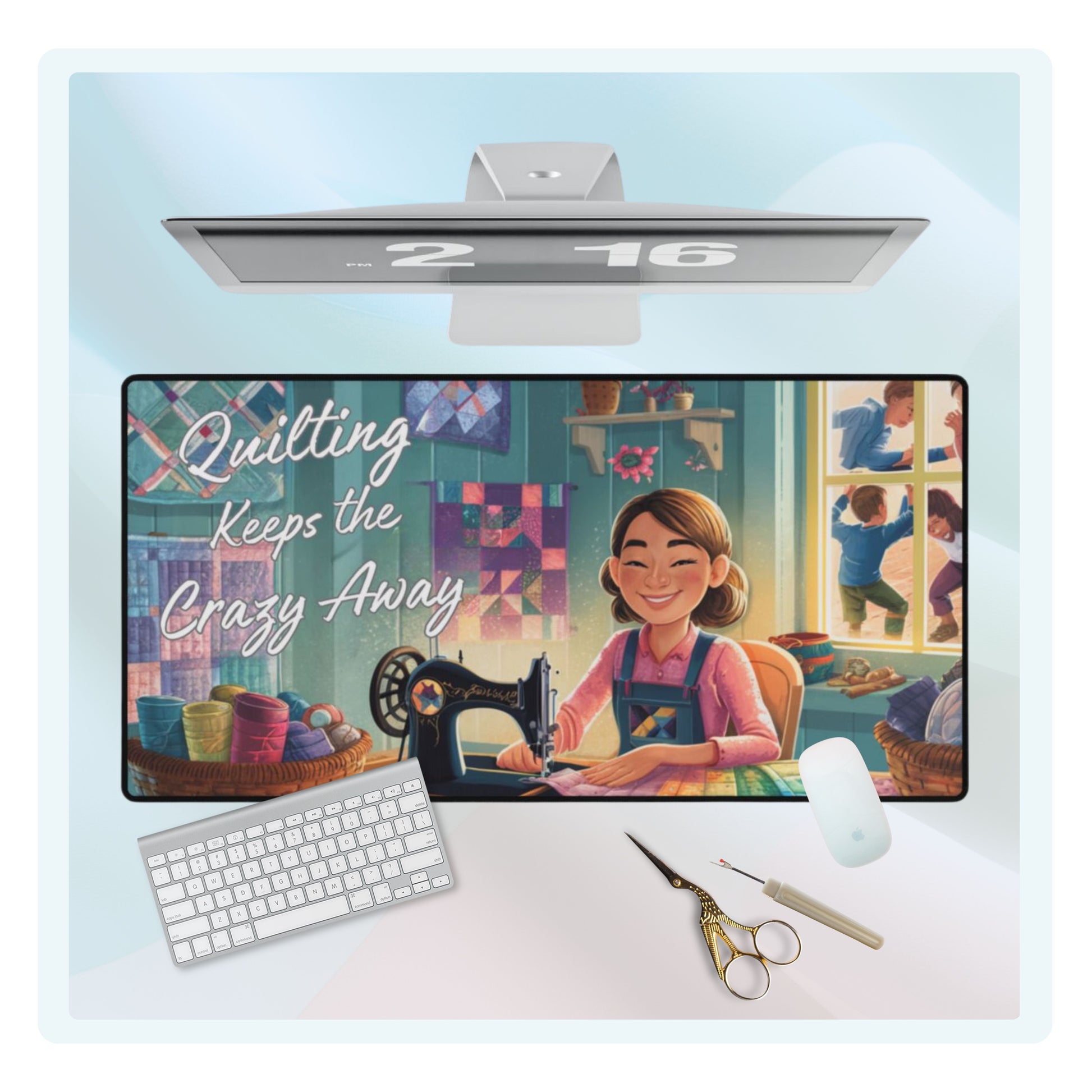 A quilting inspired Desk pad featuring an illustration of a smiling woman quilting at a table, surrounded by colorful fabrics and quilting supplies. Quilts hang on teal walls, and children play outside a sunny window. Text reads "Quilting Keeps the Crazy Away" in playful lettering. Perfect gift for quilters.