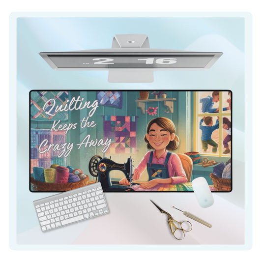 A quilting inspired Desk pad featuring an illustration of a smiling woman quilting at a table, surrounded by colorful fabrics and quilting supplies. Quilts hang on teal walls, and children play outside a sunny window. Text reads "Quilting Keeps the Crazy Away" in playful lettering. Perfect gift for quilters.