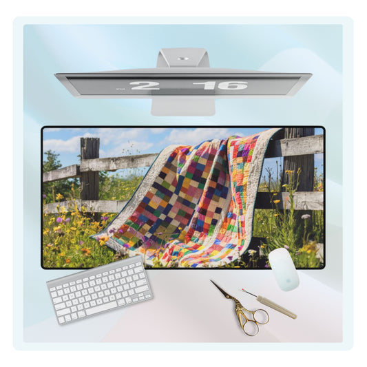 A quilting inspired Desk pad featuring a colorful patchwork quilt draped over a weathered wooden fence. Wildflowers in yellow, purple, and white surround the fence, with a blue sky and fluffy clouds above. Perfect gift for quilters.