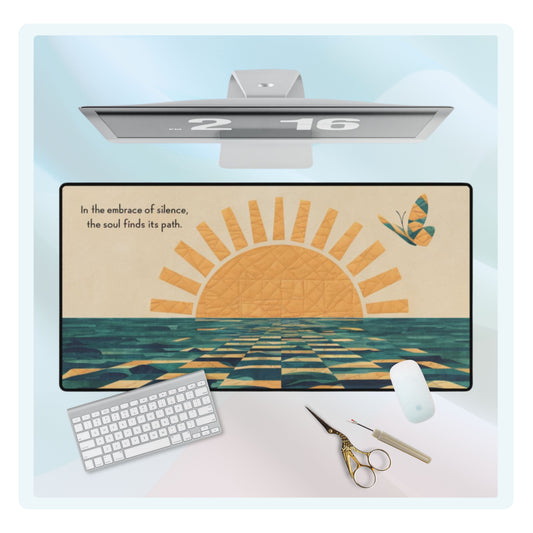A quilting inspired Desk pad featuring an illustrating a quilted rising sun over a geometric ocean. The sun is golden yellow with visible stitching, while the ocean is composed of teal and yellow patchwork. A butterfly flies near the top right corner. Text reads: "In the embrace of silence, the soul finds its path." Perfect gift for quilters.