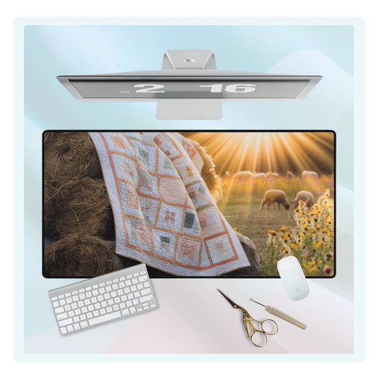 A quilting inspired Desk pad featuring a quilt draped over hay bales in a field at sunset. Sheep graze in the background amidst golden wildflowers. The quilt features a soft, geometric pattern in pastel colors. Perfect gift for quilters.