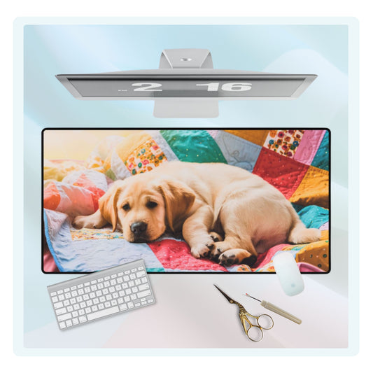 A quilting inspired Desk pad showcasing a sleeping yellow Labrador puppy on a brightly colored summer quilt. The quilt features a patchwork of vibrant colors including red, yellow, green, and blue, with fun geometric patterns, bringing a cheerful summer vibe to your desk. Perfect gift for quilters.