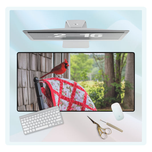A quilting inspired Desk pad featuring a red cardinal perched on a folded red and white quilt with a floral pattern. The quilt is draped over a wooden chair on a porch, with lush green foliage in the background. Perfect gift for quilters.