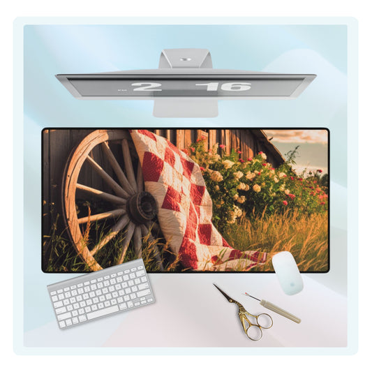 Red and white checkerboard quilt draped over an old wooden wagon wheel. Colorful flowers and golden grass surround the scene, with a rustic barn in the background. Perfect gift for quilters.
