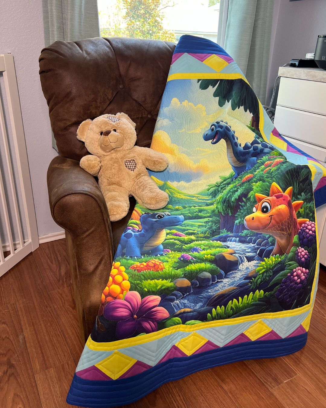 We Love Dinosaurs Quilt Panel – 36"x42" Colorful Fabric for Kids Quilts, Dinosaur Nursery Decor, Baby & Toddler Bedding