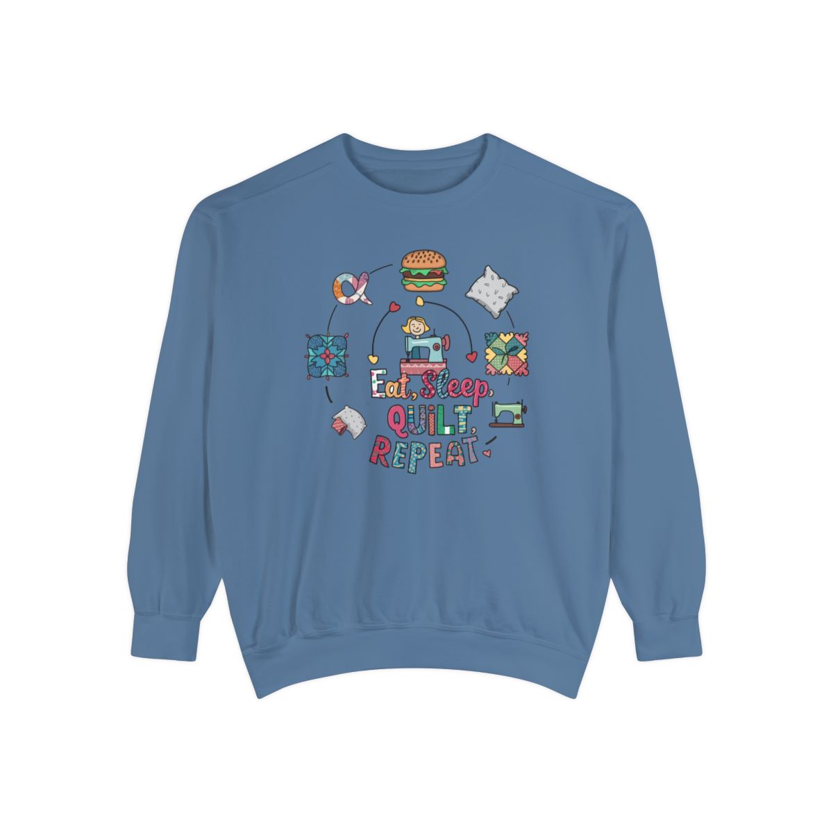 A Blue Jean funny Sweatshirt with the phrase Eat, Sleep, Quilt, Repeat  showing the cycle of a quilter's day with eating, sleeping, and quilting