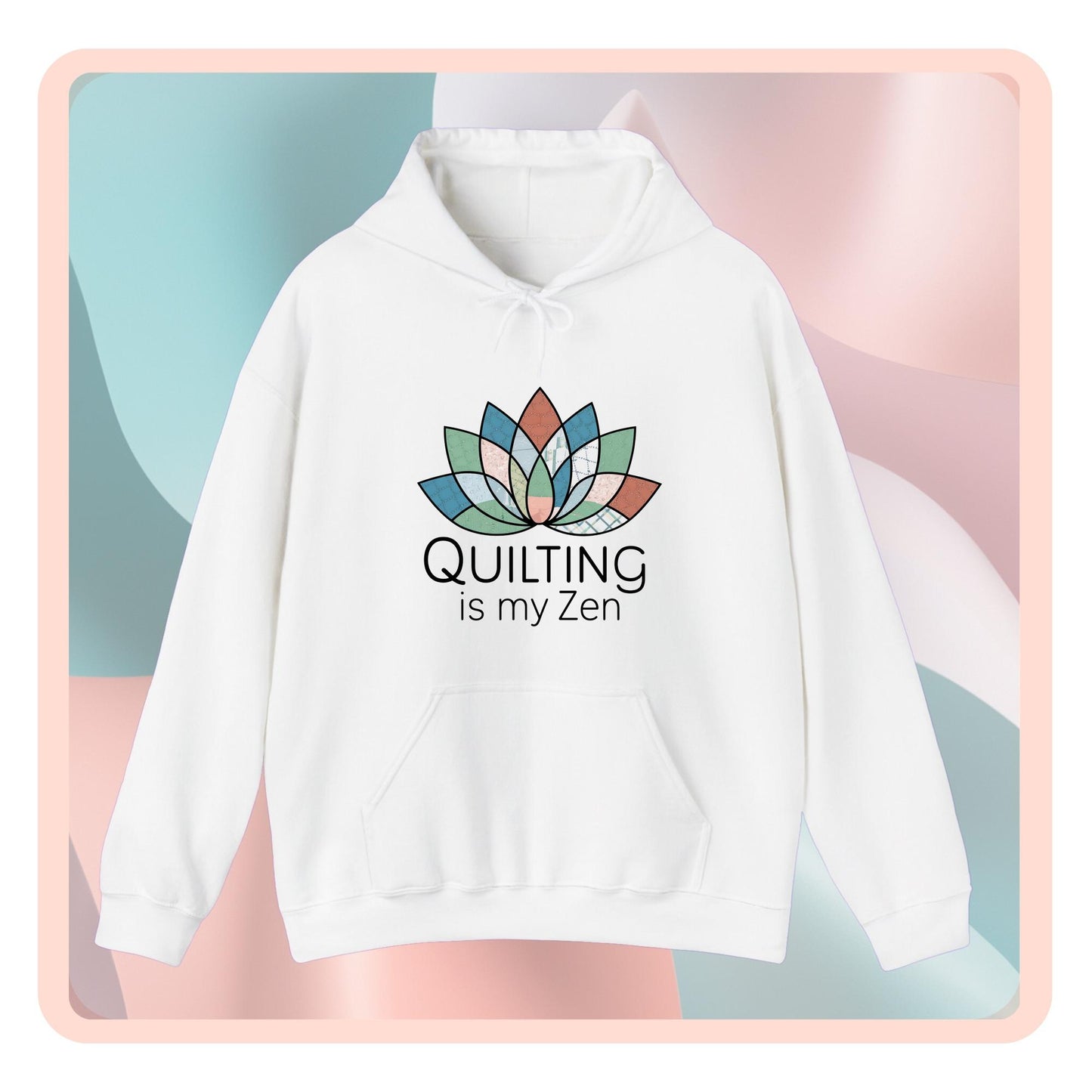 A funny Hoodie with the phrase Quilting is my Zen on a quilting-themed t-shirt with a lotus flower design made of various quilt patterns and textures.
