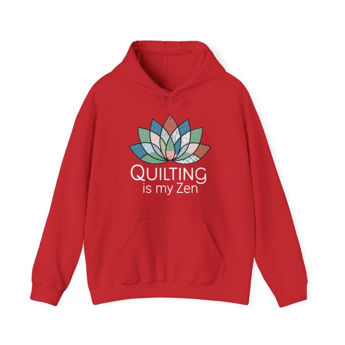 A Red funny Hoodie with the phrase Quilting is my Zen on a quilting-themed t-shirt with a lotus flower design made of various quilt patterns and textures.