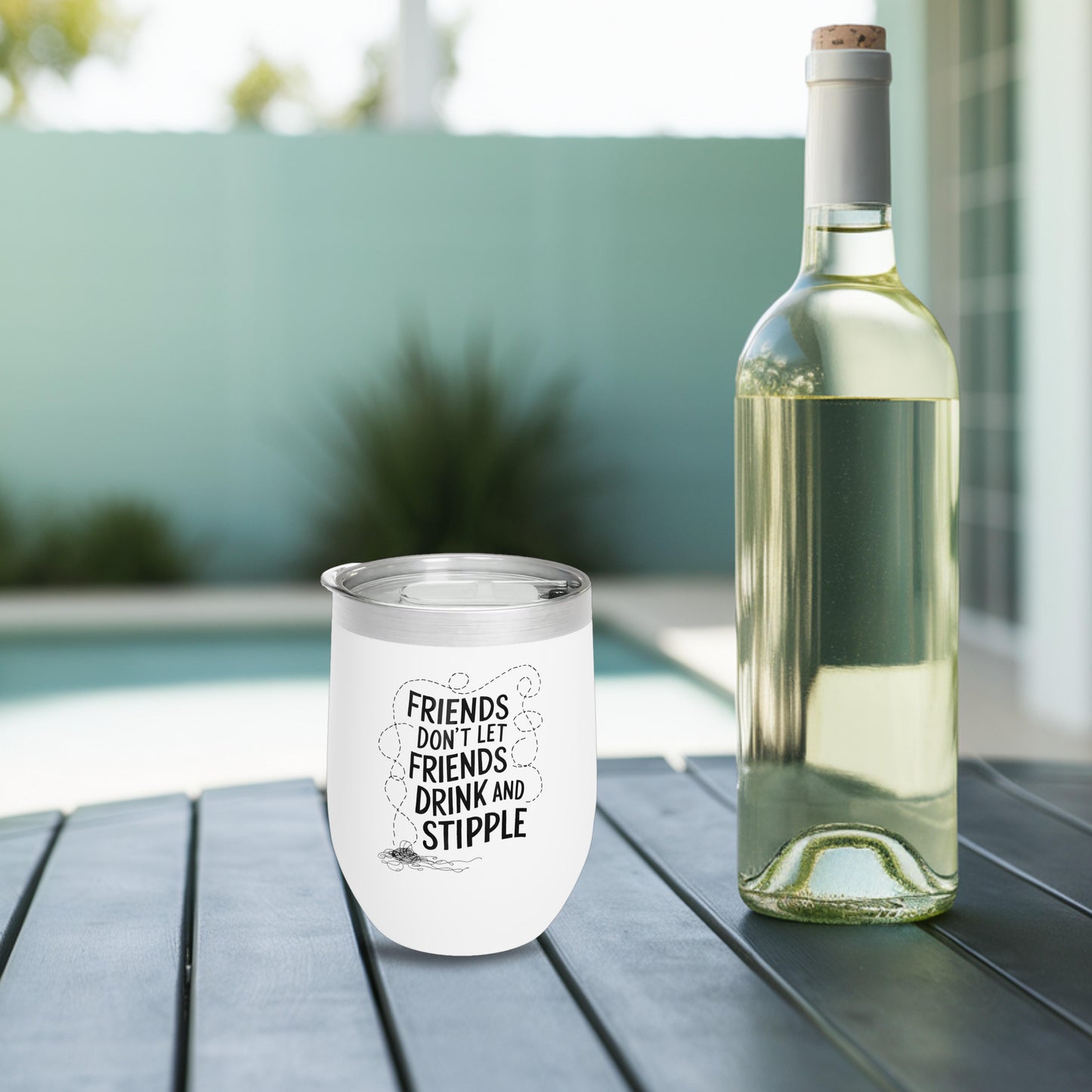A funny quilting-inspired wine tumbler with the phrase Friends Don't Let Friends Drink and Stipple.  The perfect gift for quilters.