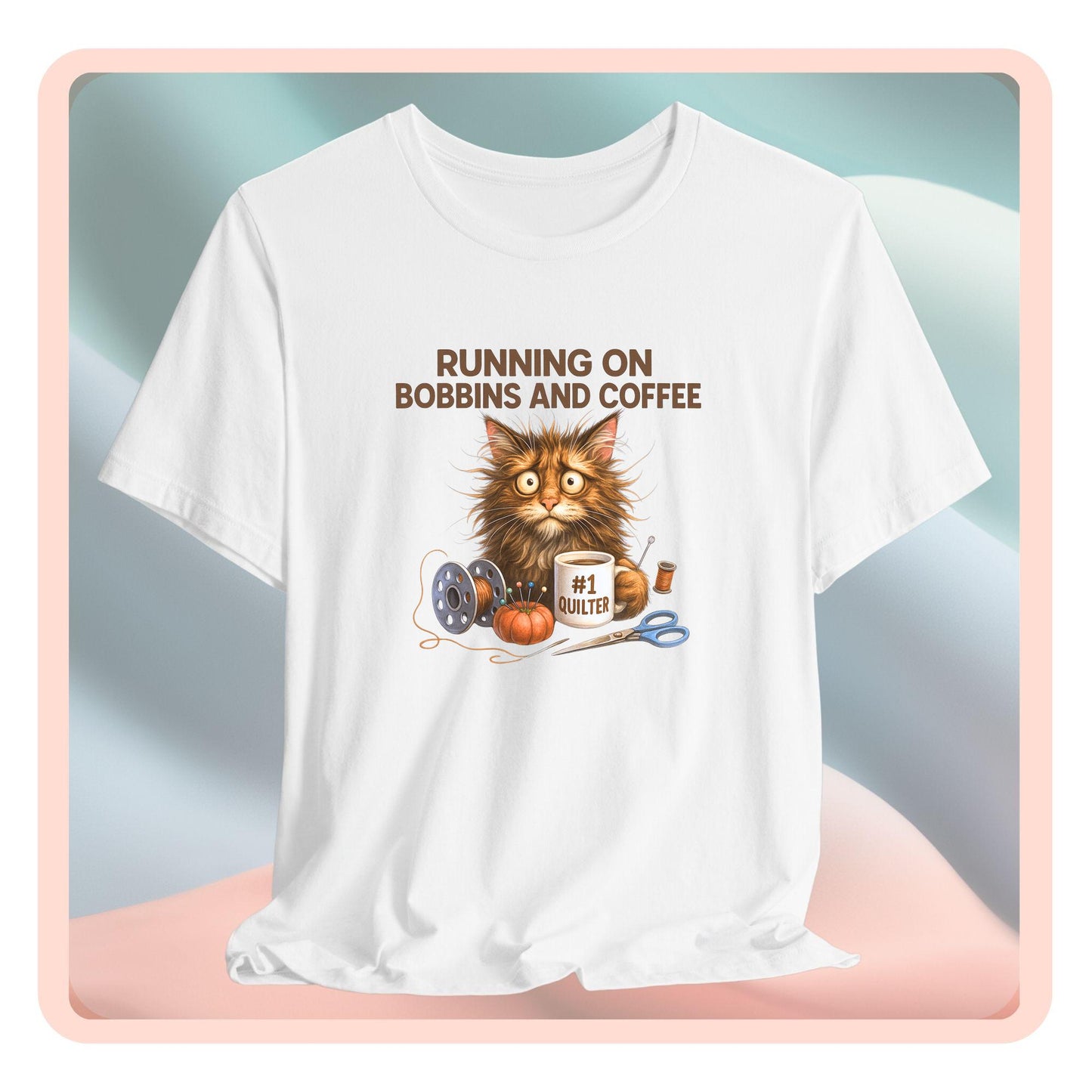 Running on Bobbins and Coffee Quilting Cat T-Shirt | Funny Quilter Gift | Cute Cat Lover Sewing Tee