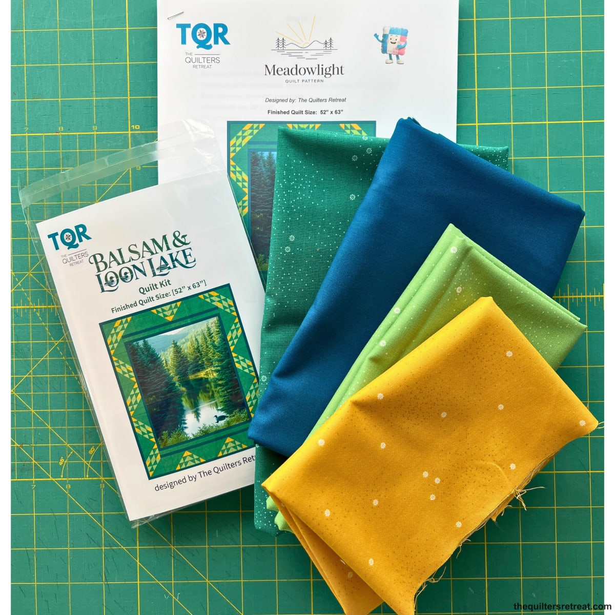 Balsam & Loon Lake quilt kit — Meadowlight pattern with teal, navy, green and gold coordinating fabrics