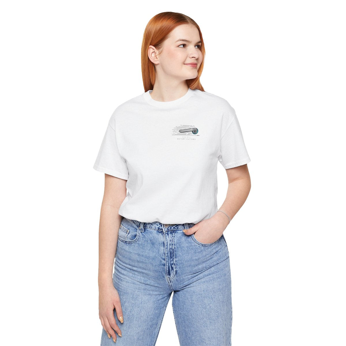 A White T-shirt featuring minimalist graphic of a sleek rotary cutter in motion with speed lines. Text below reads "RUNS WITH ROTARY CUTTERS" in a modern font.