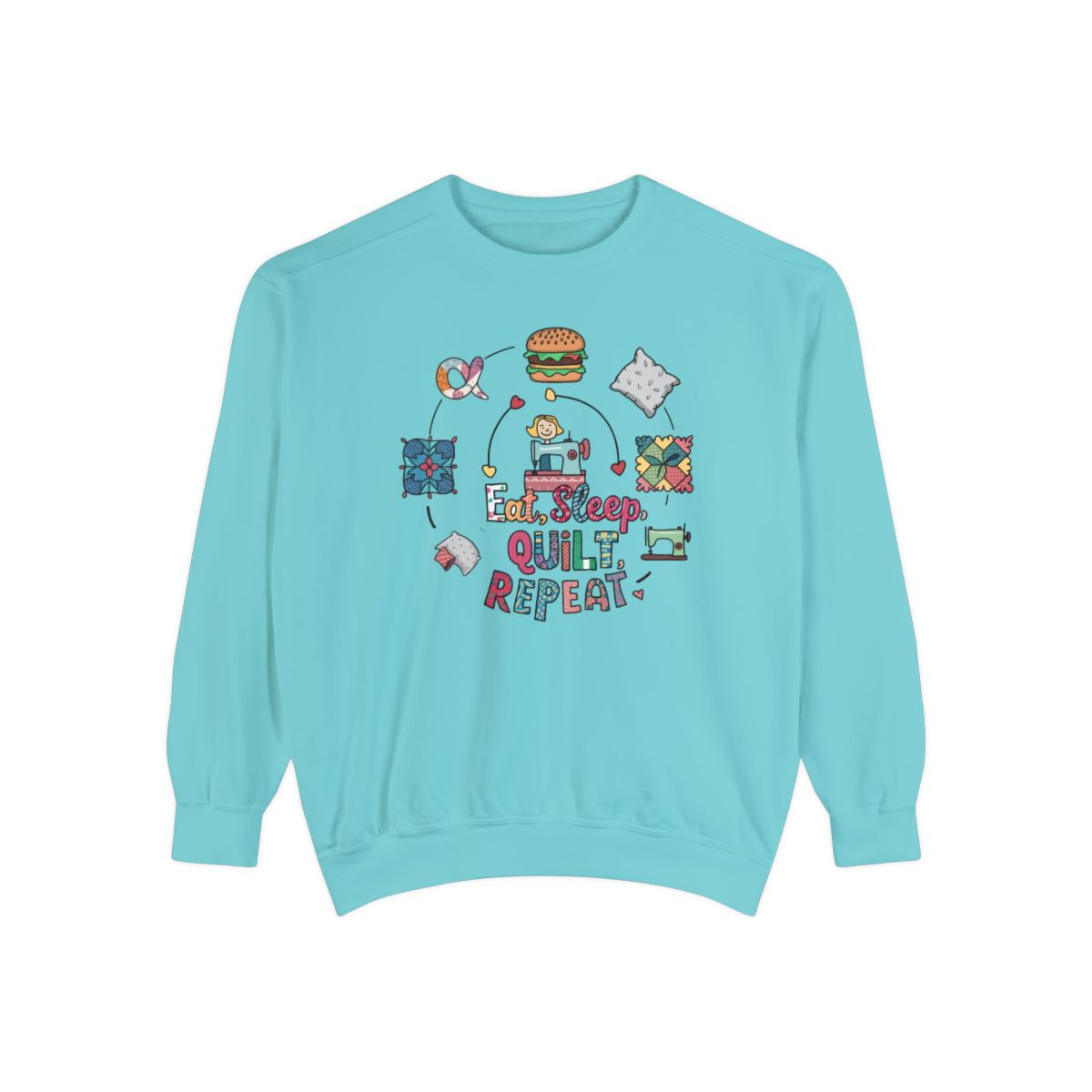 A Chalky Mint funny Sweatshirt with the phrase Eat, Sleep, Quilt, Repeat  showing the cycle of a quilter's day with eating, sleeping, and quilting