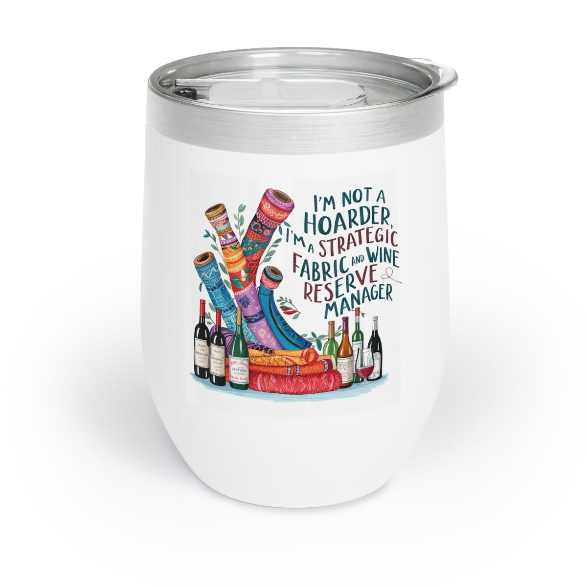 A funny quilting-inspired wine tumbler with a design of wine bottles with funny quilting related sayings,  The perfect gift for quilters.