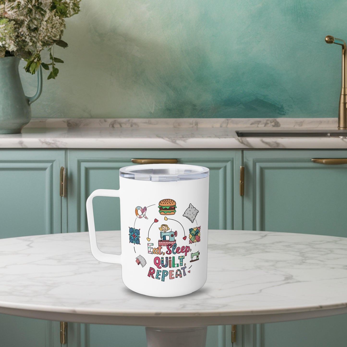 A funny quilting-inspired Insulated Mug with the phrase Eat, Sleep, Quilt, Repeat showing the cycle of a quilter's day with eating, sleeping, and quilting