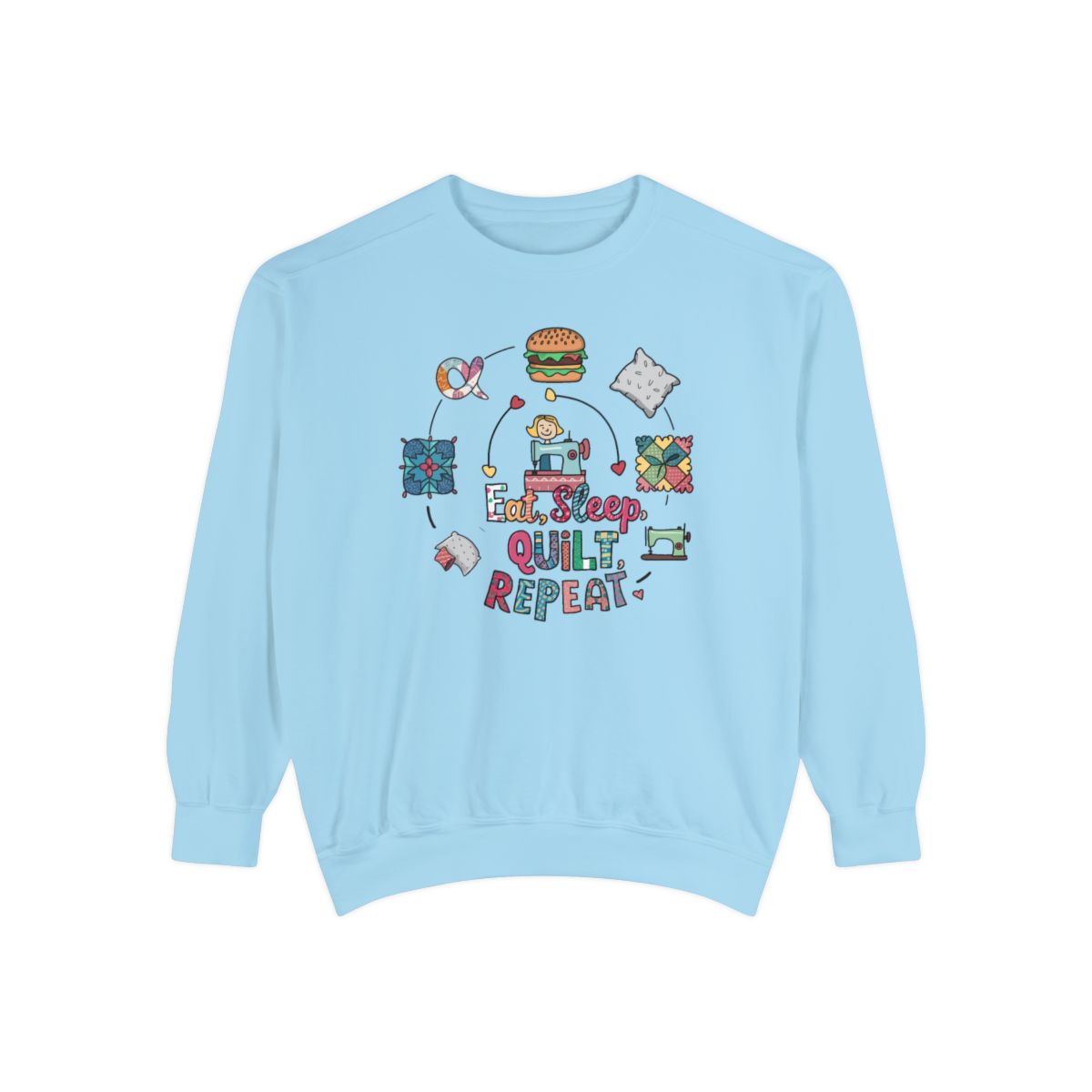 A Chambray funny Sweatshirt with the phrase Eat, Sleep, Quilt, Repeat  showing the cycle of a quilter's day with eating, sleeping, and quilting