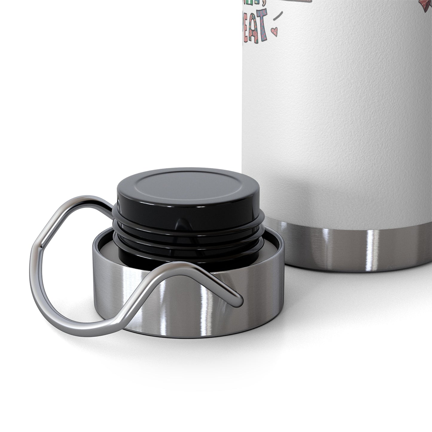 A funny quilting-inspired Insulated Bottle with the phrase Eat, Sleep, Quilt, Repeat  showing the cycle of a quilter's day with eating, sleeping, and quilting