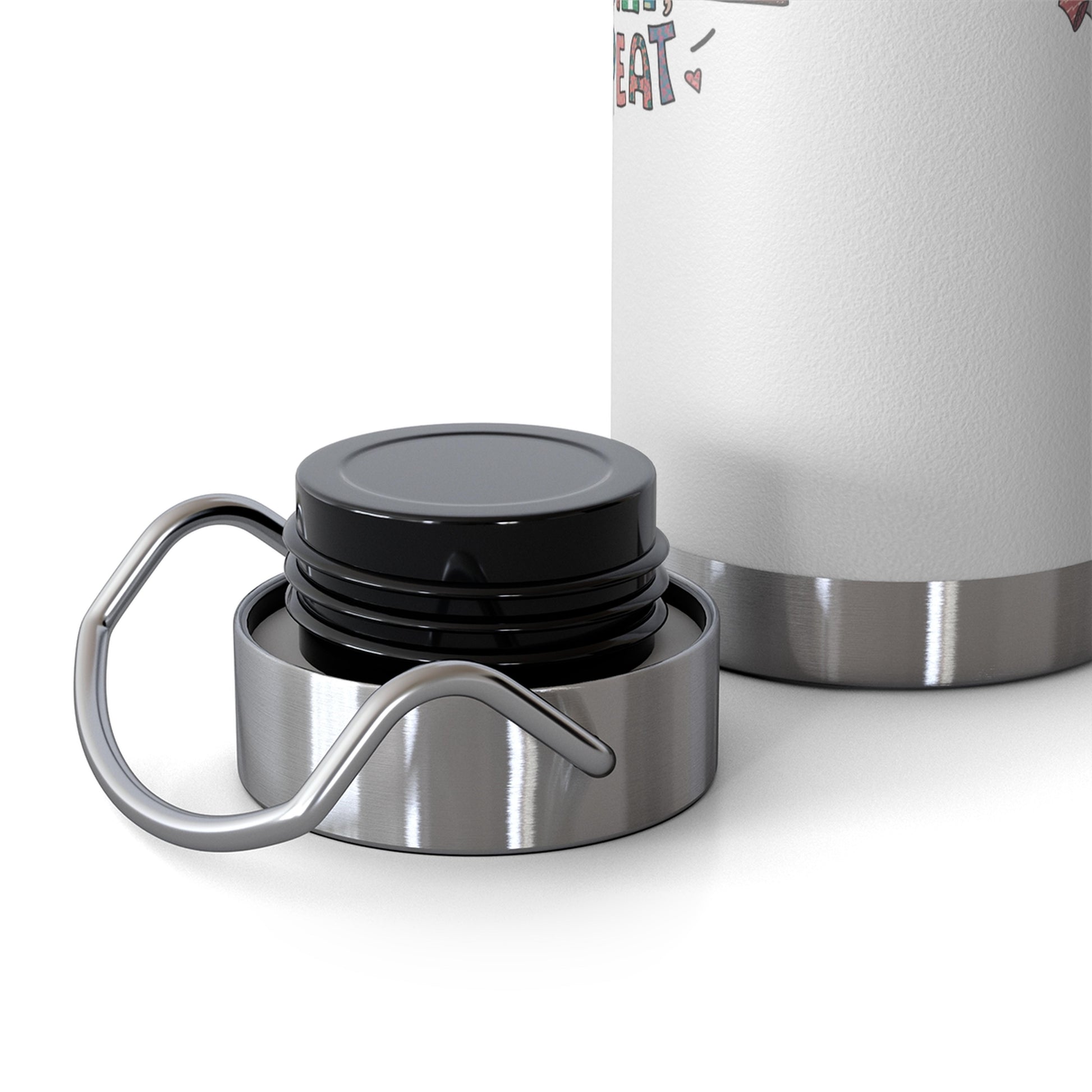 A funny quilting-inspired Insulated Bottle with the phrase Eat, Sleep, Quilt, Repeat  showing the cycle of a quilter's day with eating, sleeping, and quilting