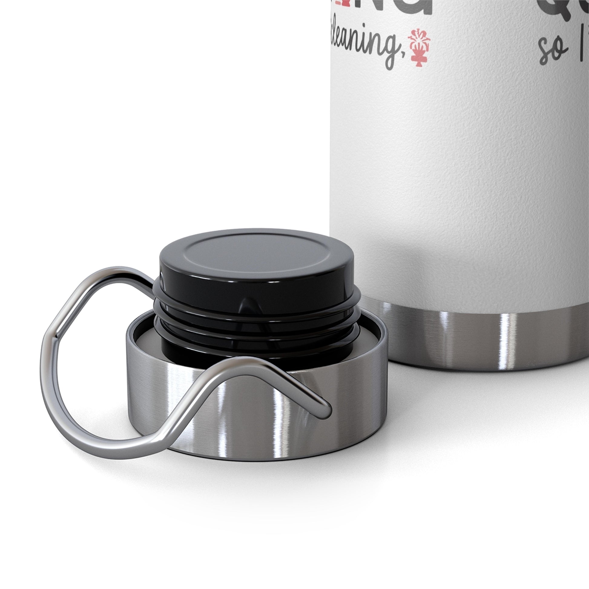 A funny quilting-inspired Insulated Bottle with the phrase If I am Cleaning then I'm not Quilting in a bold and cheerful font with images of quilting icons and supplies