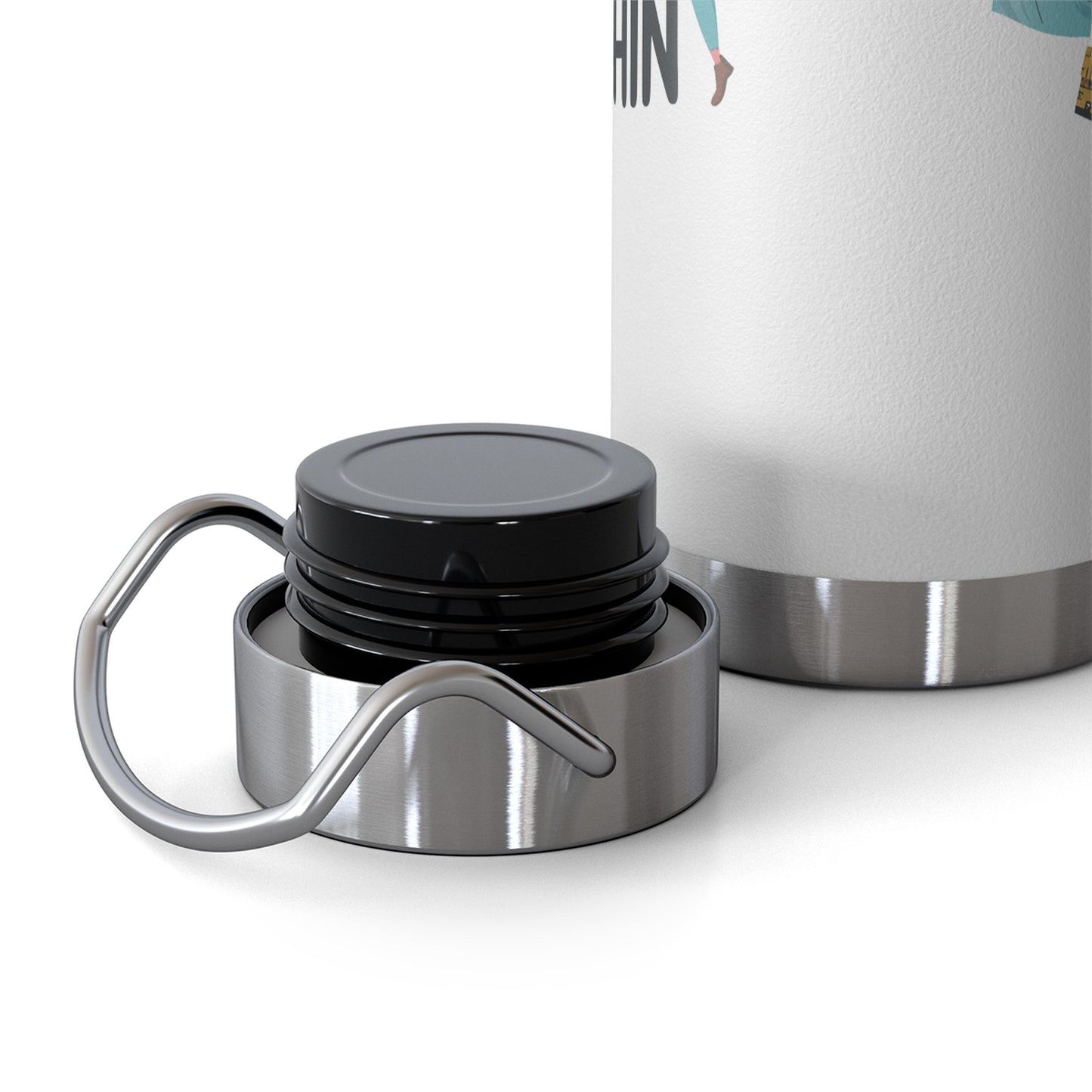 A funny quilting-inspired Insulated Bottle with the phrase Fabric is Free and Quilting Makes You Thin in a fun font with a cheerful quilter jumping for joy