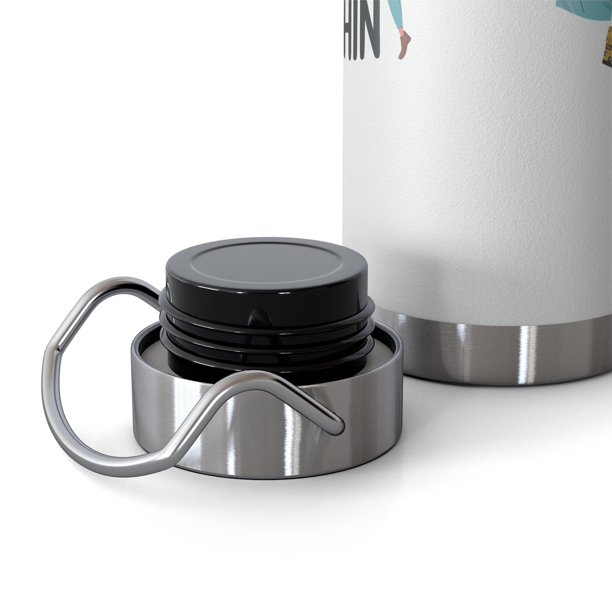 A funny quilting-inspired Insulated Bottle with the phrase Fabric is Free and Quilting Makes You Thin in a fun font with a cheerful quilter jumping for joy
