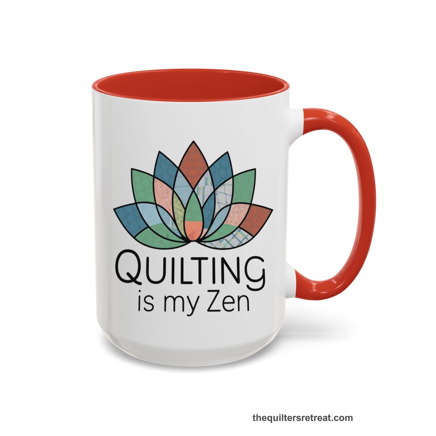 A Red Accent Ceramic Mug featuring Quilting is my Zen design with a lotus flower made of quilt patterns and textures