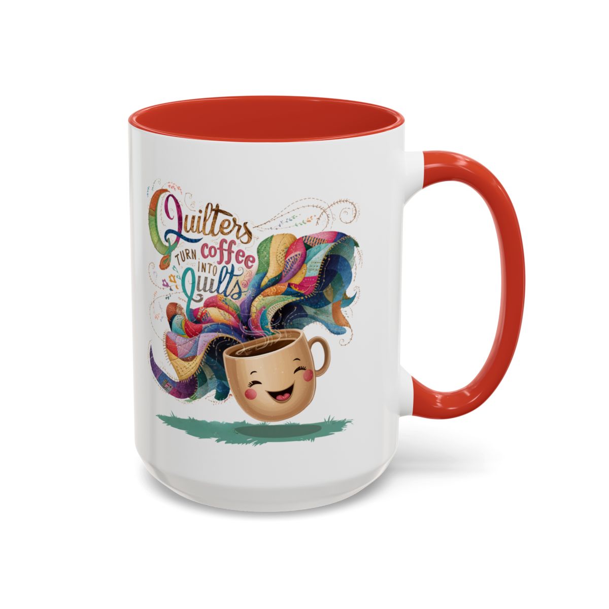 A Red funnyny Ceramic Mug with the phrase Quilters Turn Coffee Into Quilts showing A Red funny coffee cup and quilting design
