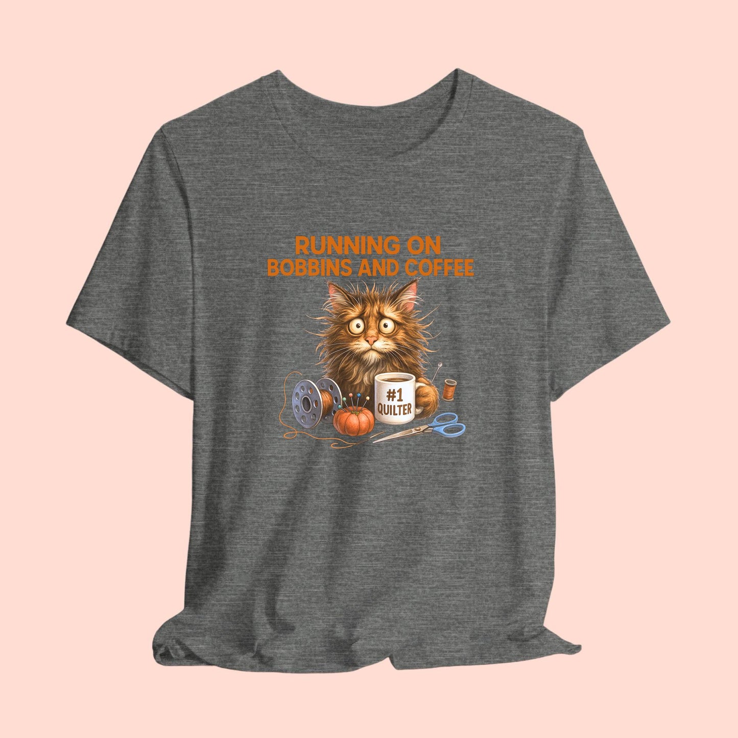 Running on Bobbins and Coffee Quilting Cat T-Shirt | Funny Quilter Gift | Cute Cat Lover Sewing Tee
