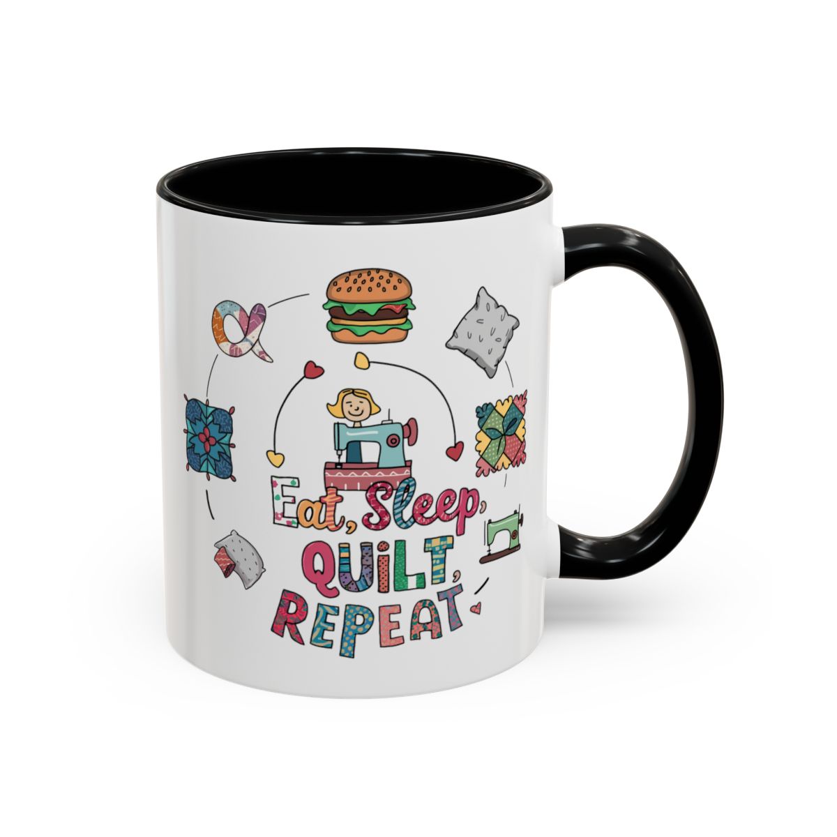 A Black funny Ceramic Mug with the phrase Eat, Sleep, Quilt, Repeat showing the cycle of a quilter's day with eating, sleeping, and quilting