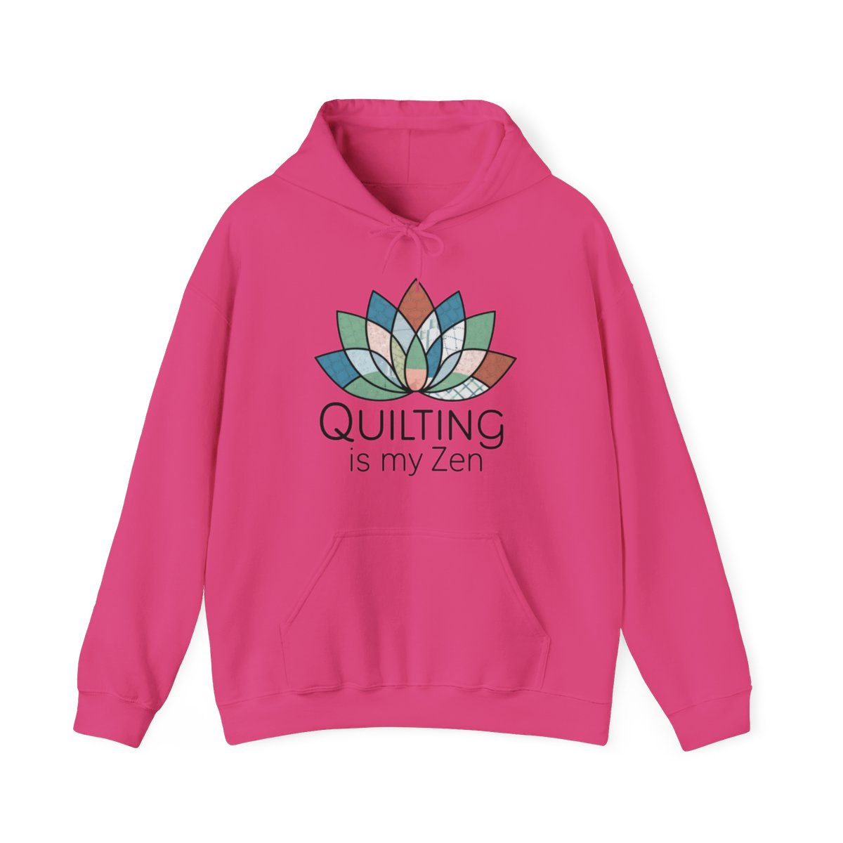 A Heliconia funny Hoodie with the phrase Quilting is my Zen on a quilting-themed t-shirt with a lotus flower design made of various quilt patterns and textures.