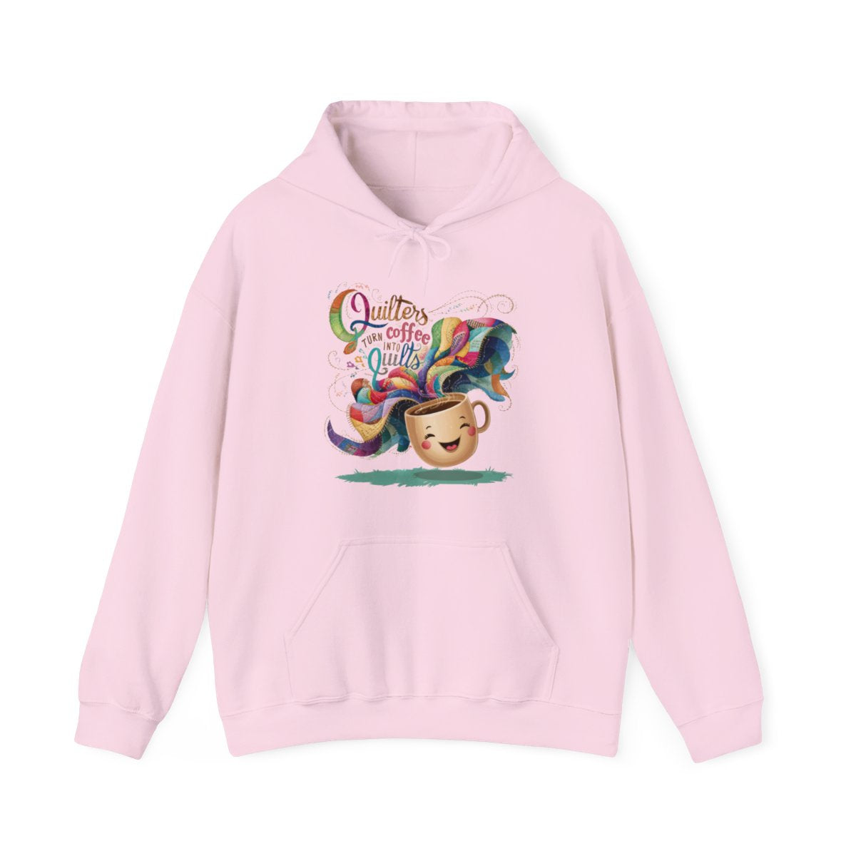 A Light Pink funny Hoodie with the phrase Quilters Turn Coffee Into Quilts showing coffee cup and quilting design