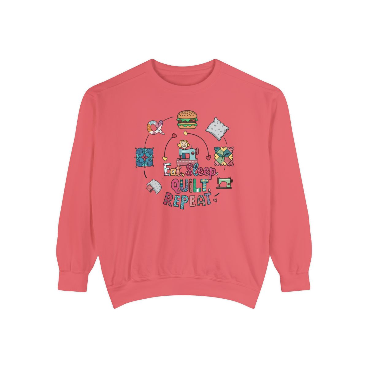 A Watermelon funny Sweatshirt with the phrase Eat, Sleep, Quilt, Repeat  showing the cycle of a quilter's day with eating, sleeping, and quilting