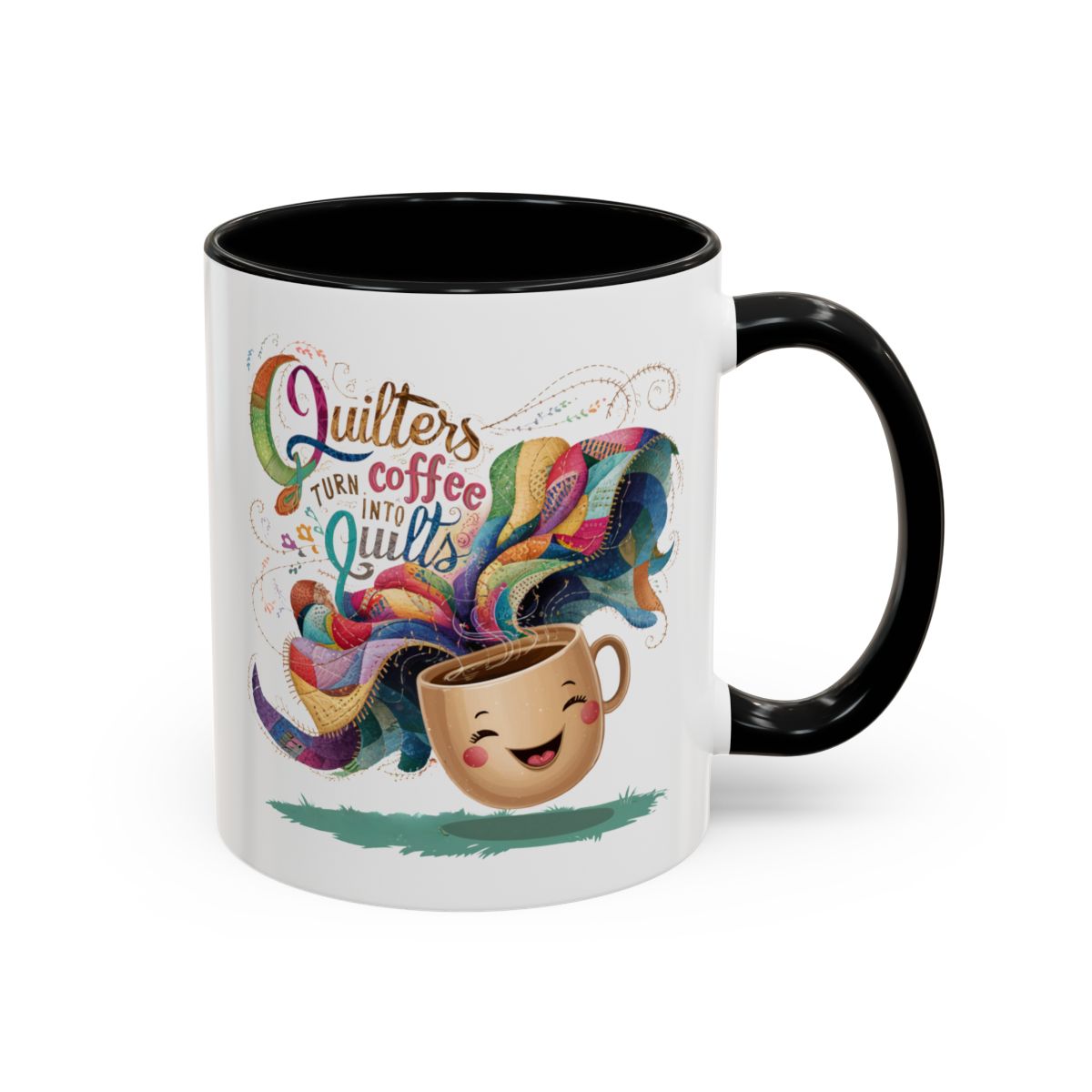 A Black funnyny Ceramic Mug with the phrase Quilters Turn Coffee Into Quilts showing A Black funny coffee cup and quilting design