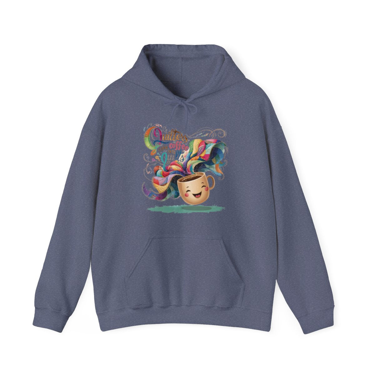 A Heather Navy funny Hoodie with the phrase Quilters Turn Coffee Into Quilts showing coffee cup and quilting design