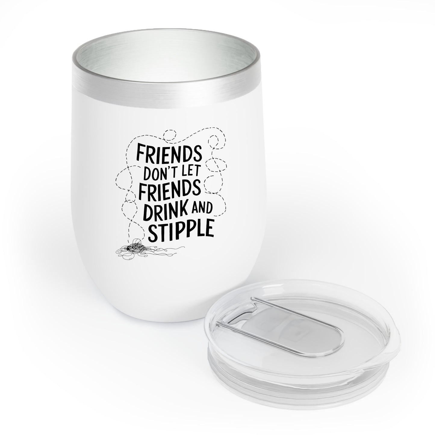 A funny quilting-inspired wine tumbler with the phrase Friends Don't Let Friends Drink and Stipple.  The perfect gift for quilters.