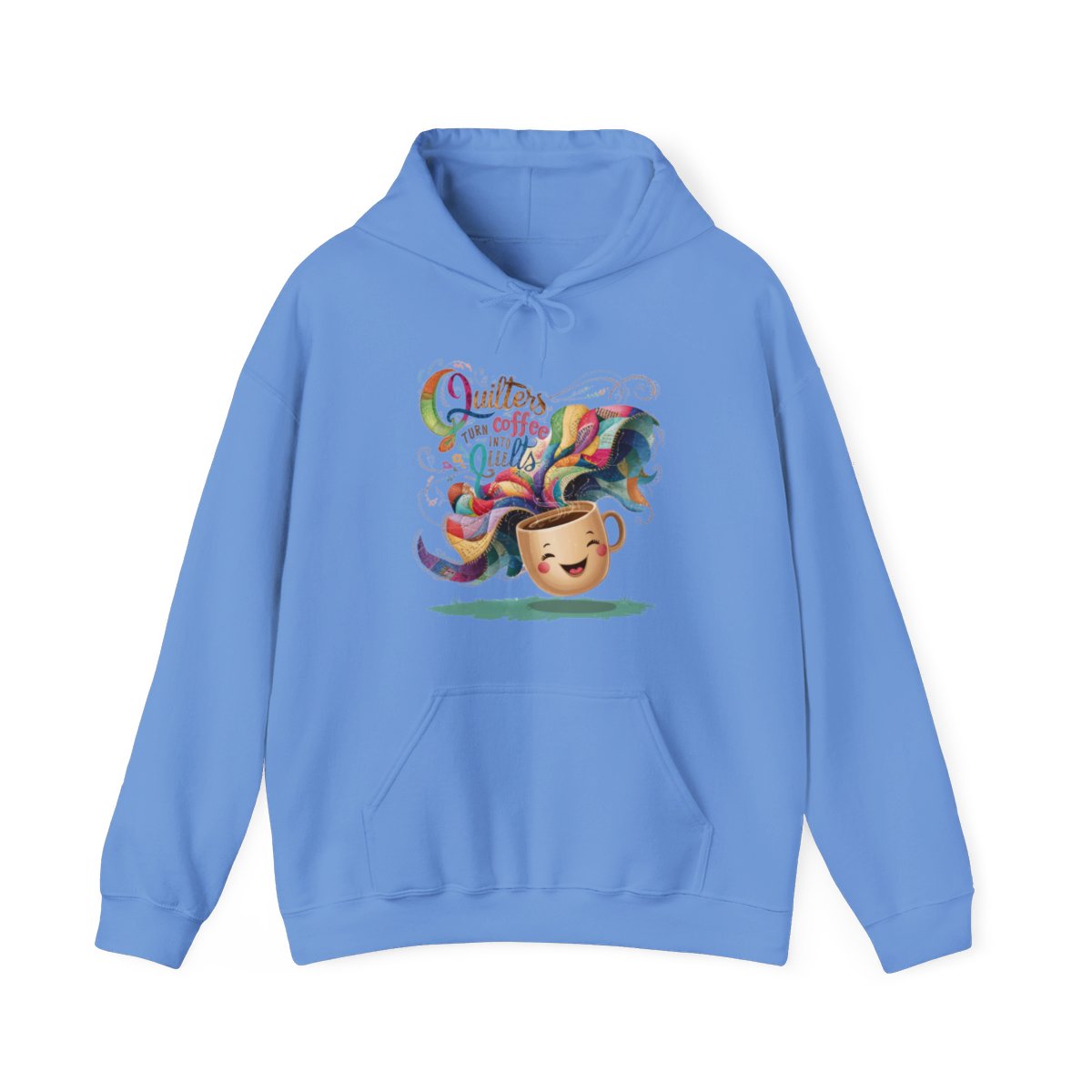 A Carolina Blue funny Hoodie with the phrase Quilters Turn Coffee Into Quilts showing coffee cup and quilting design