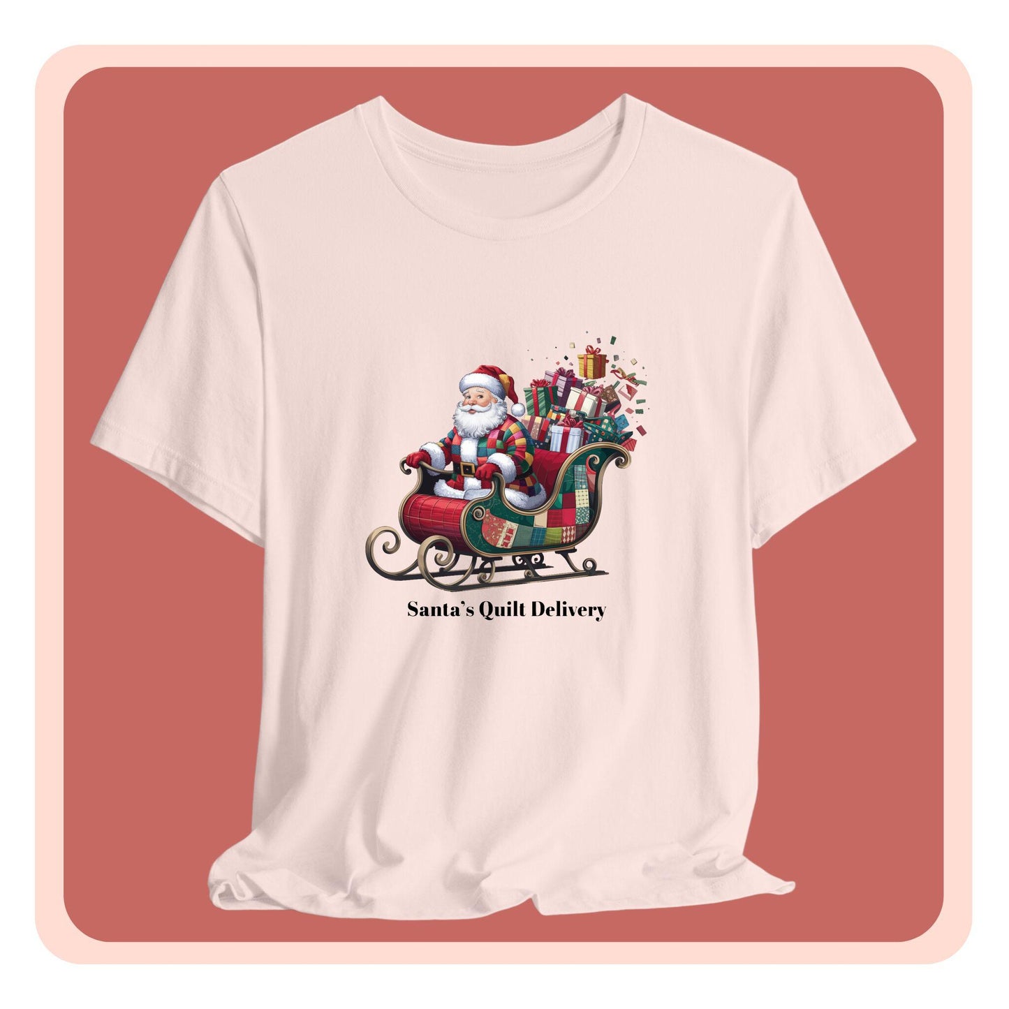 A christmas quilting t-shirt featuring Santa Claus wearing a patchwork quilt coat, sitting in a sleigh filled with gifts and quilts, with the phrase "Santa's Quilt Delivery" below, combining holiday cheer and quilting fun.