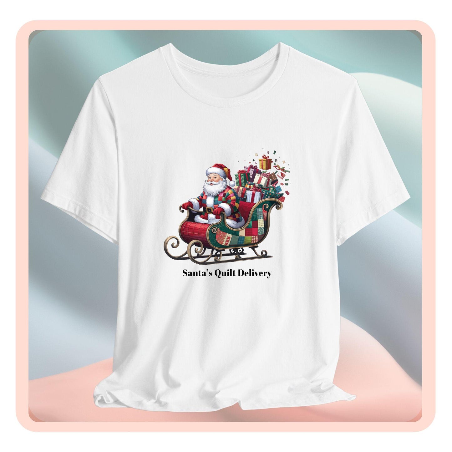 A christmas quilting t-shirt featuring Santa Claus wearing a patchwork quilt coat, sitting in a sleigh filled with gifts and quilts, with the phrase "Santa's Quilt Delivery" below, combining holiday cheer and quilting fun.