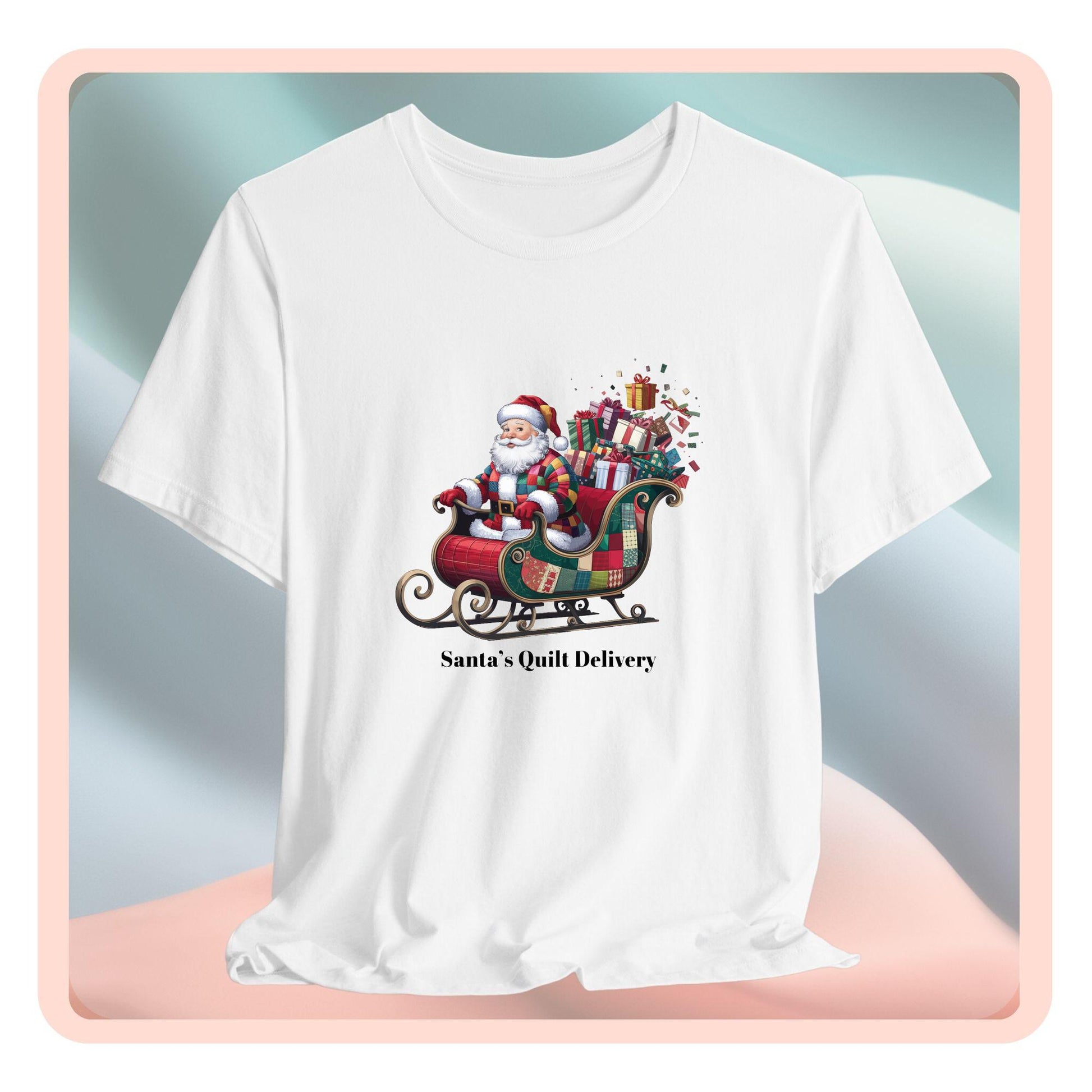 A christmas quilting t-shirt featuring Santa Claus wearing a patchwork quilt coat, sitting in a sleigh filled with gifts and quilts, with the phrase "Santa's Quilt Delivery" below, combining holiday cheer and quilting fun.