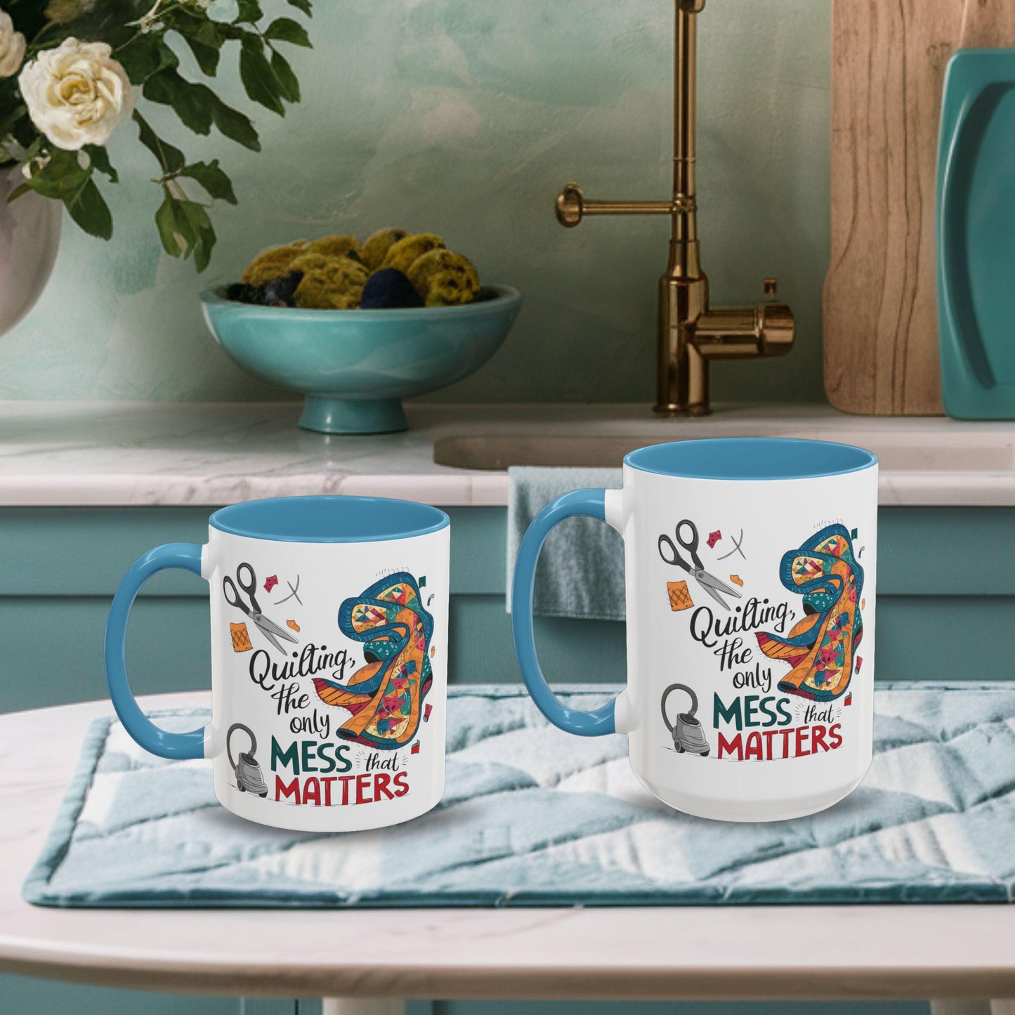 A funny Ceramic Mug with the phrase Quilting, the Only Mess that Matters and illustrations of fabric scraps, scissors, and a vacuum cleaner. Colorful quilt patterns swirl around the text, creating a playful and relatable design for quilting enthusiasts.