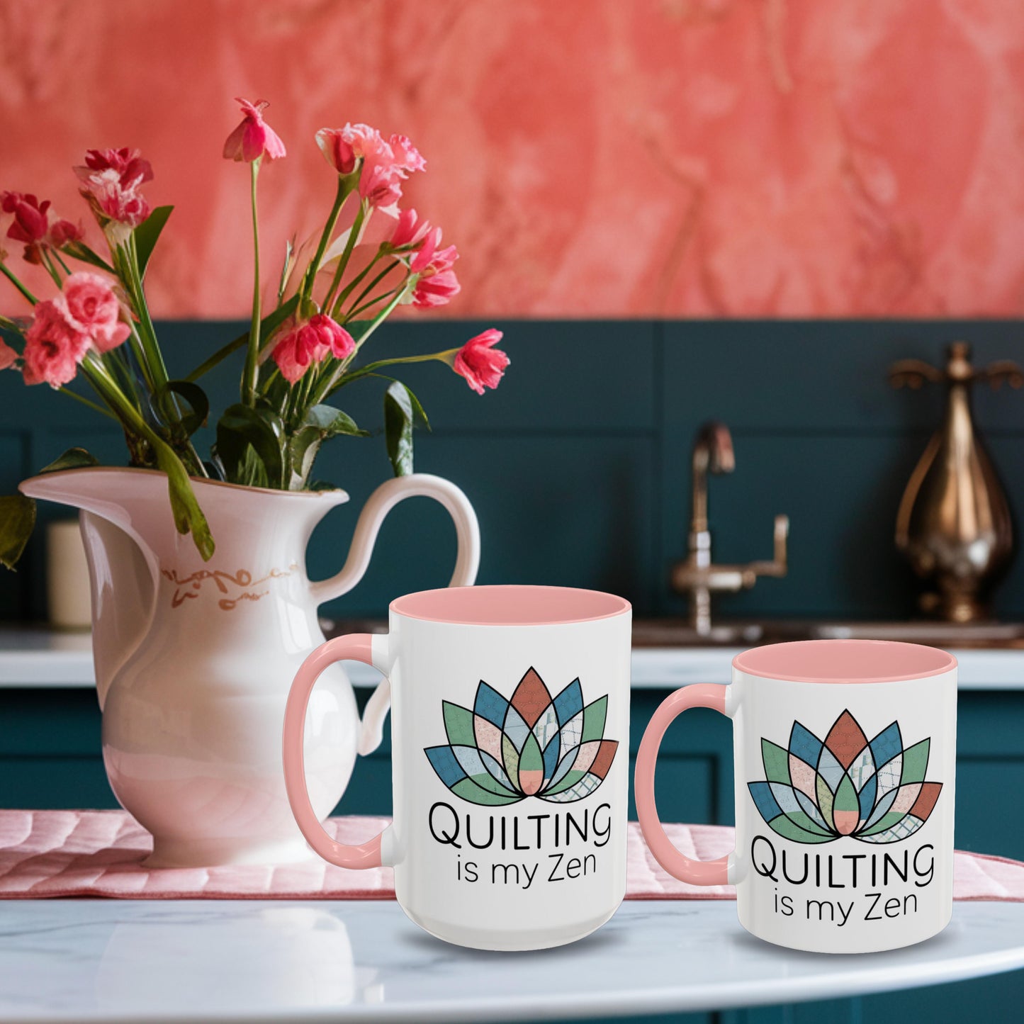 A funny Ceramic Mug with the phrase Quilting is my Zen on a quilting-themed t-shirt with a lotus flower design made of various quilt patterns and textures.