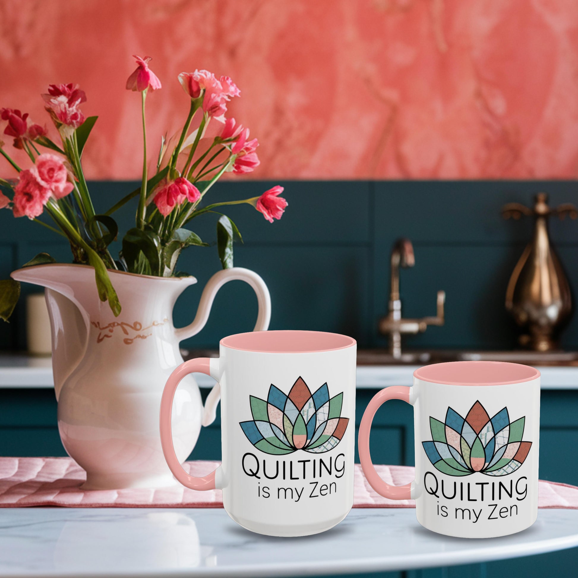 A funny Ceramic Mug with the phrase Quilting is my Zen on a quilting-themed t-shirt with a lotus flower design made of various quilt patterns and textures.