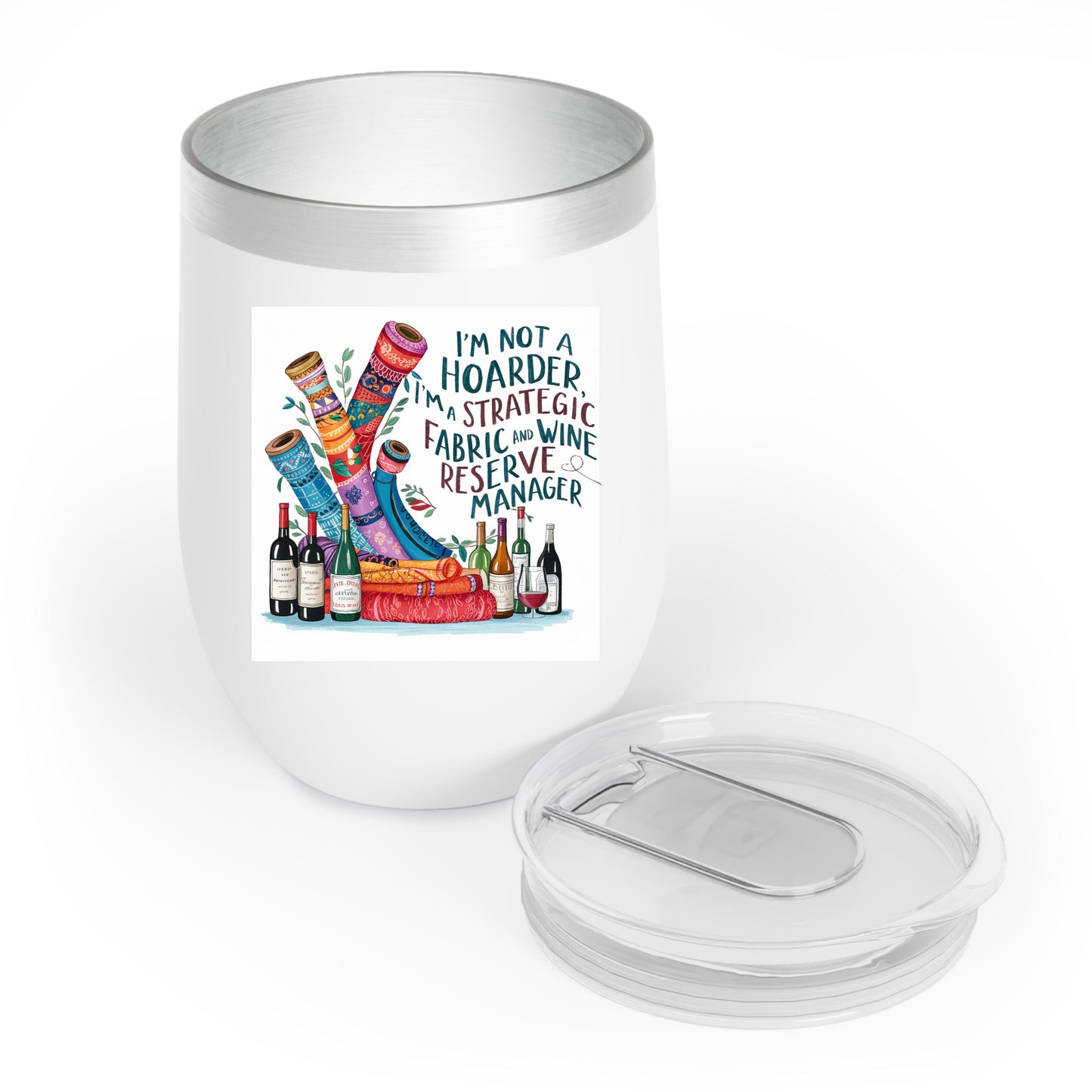 A funny quilting-inspired wine tumbler with a design of wine bottles with funny quilting related sayings,  The perfect gift for quilters.