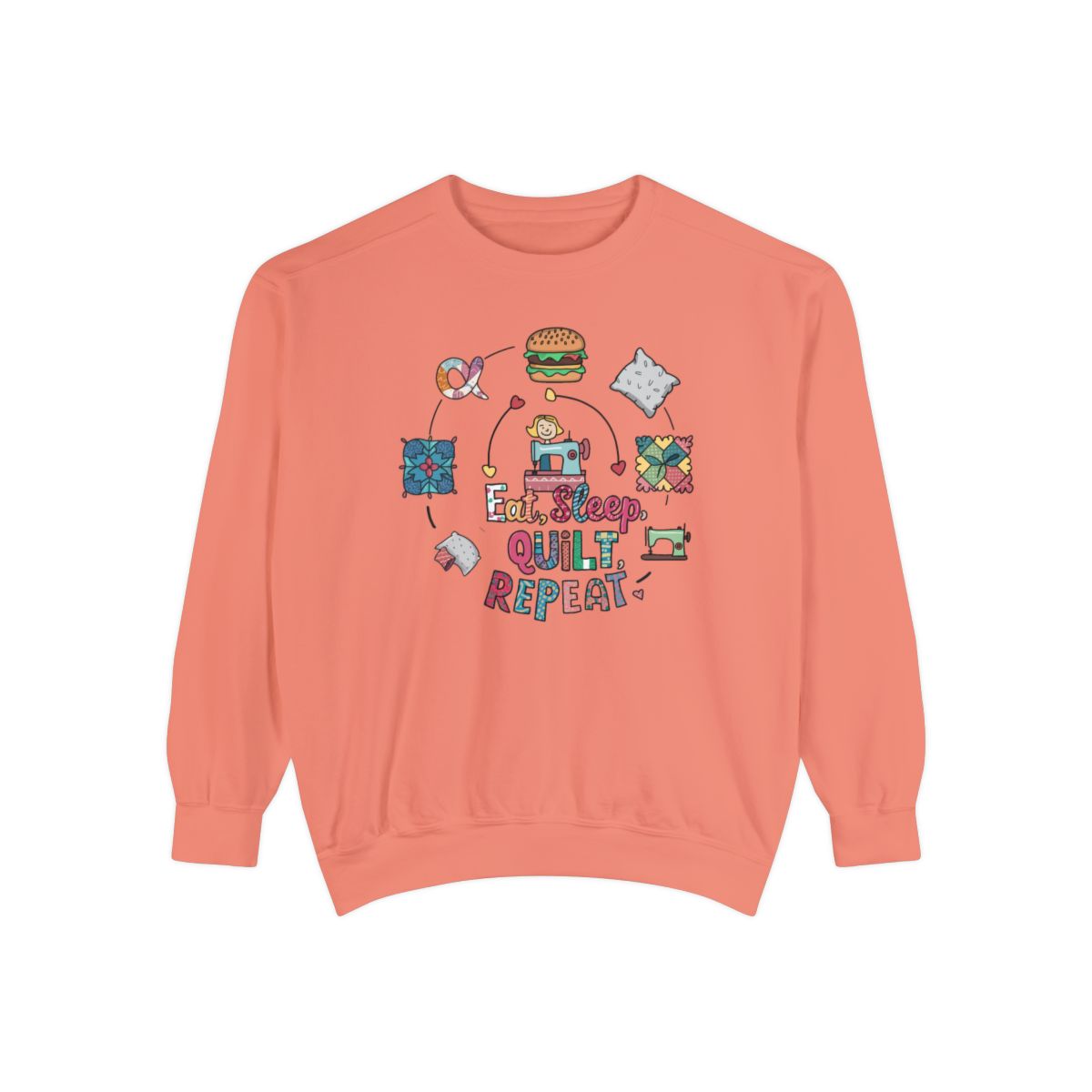 A Terracotta funny Sweatshirt with the phrase Eat, Sleep, Quilt, Repeat  showing the cycle of a quilter's day with eating, sleeping, and quilting