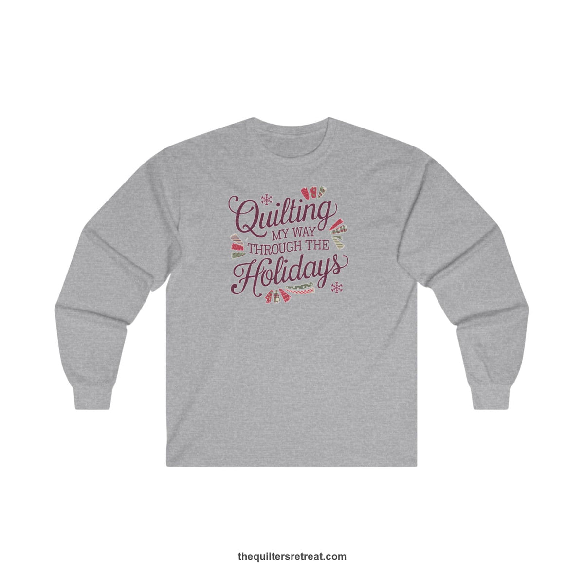 Quilter Gift: A Sport Grey Long Sleeve T-Shirt with quilting-themed text in festive colors with decorative quilt patterns
