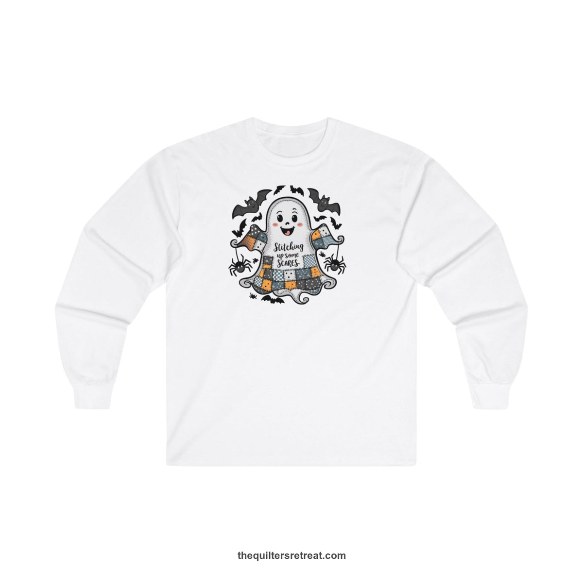 Quilter Gift: A White Long Sleeve T-Shirt with cute patchwork ghost with 'Stitching up some Scares' text and playful bats in a whimsical style