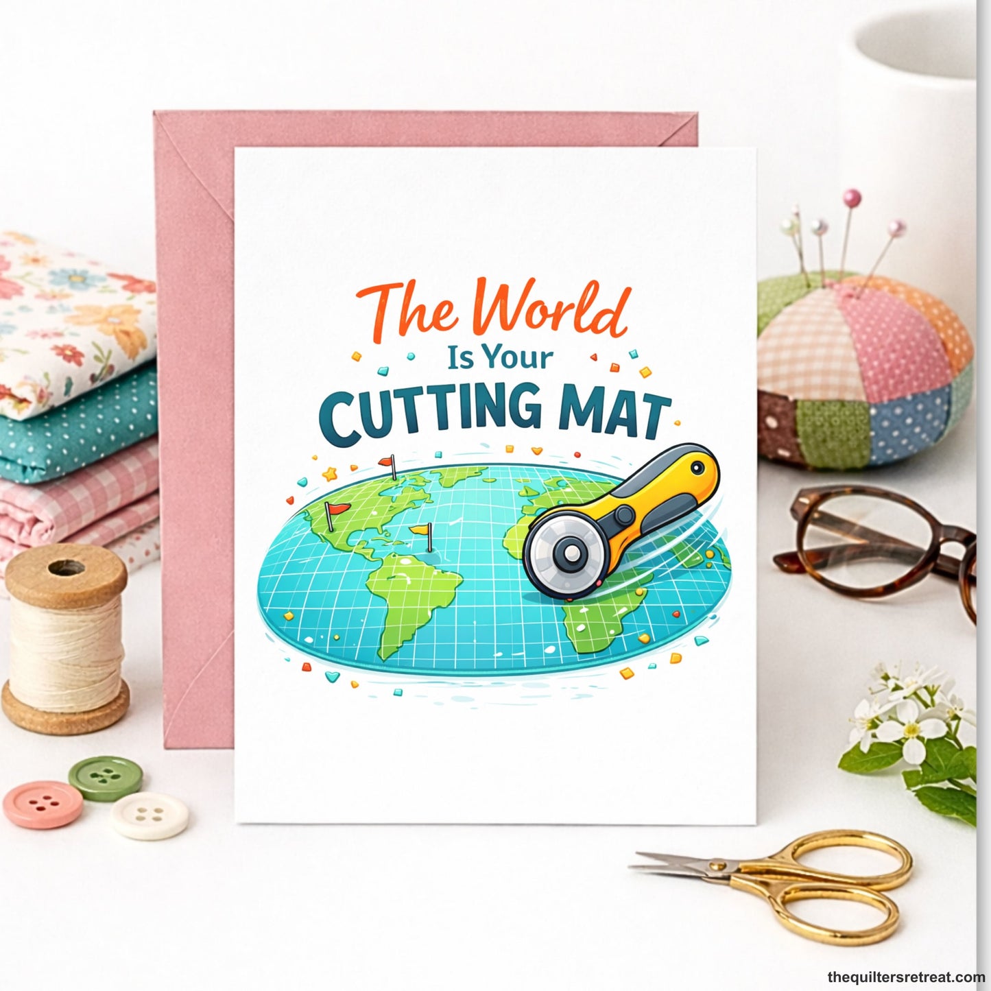 Quilter Gift: A Shiny Pink Greeting Card with Earth map with a rotary cutter, colorful elements, and text "The World Is Your Cutting Mat".