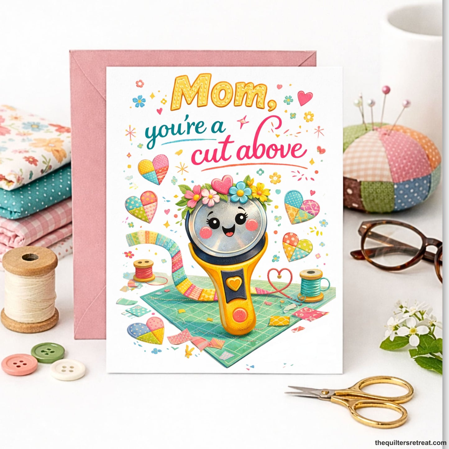 Quilter Gift: A Greeting Card with Cute rotary cutter with colorful quilt pieces, "Mom, you're a cut above" text, cheerful style.