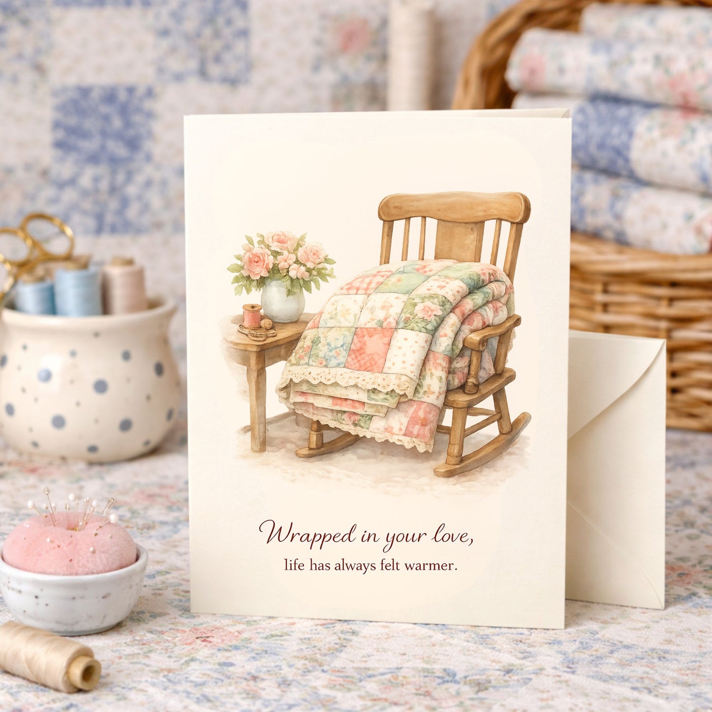 Quilter Gift: A Mother's Day Card - Soft with Wooden rocking chair with quilt and flowers, cozy vintage feel, "Wrapped in your love" text.